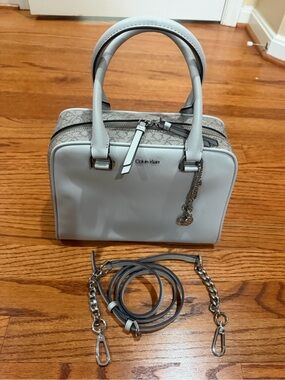 NWOT Calvin Klein Light Gray and Patterned Dome Satchel with cross body strap